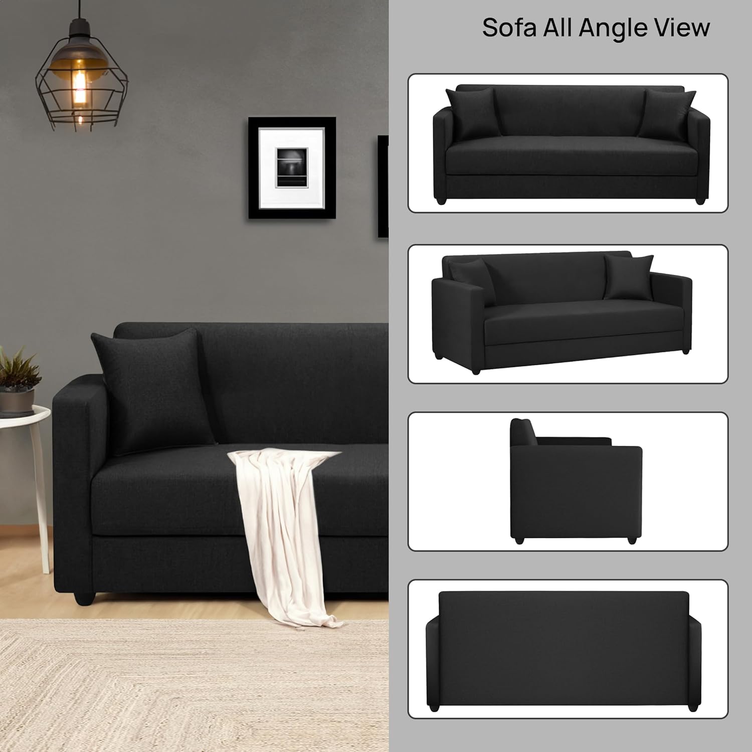 Elma Three Seater Sofa in Fabric- Black